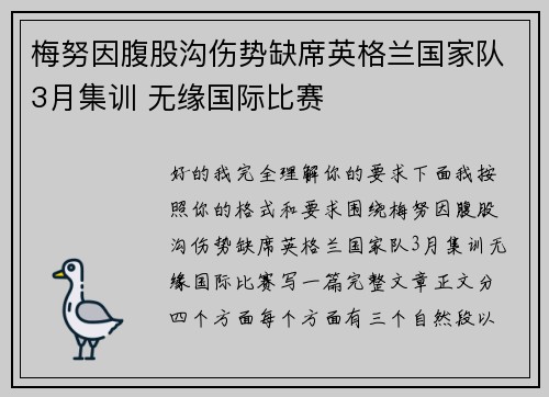 梅努因腹股沟伤势缺席英格兰国家队3月集训 无缘国际比赛